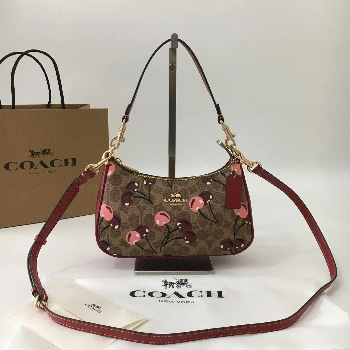 COACH Teri Shoulder Bag CY694 Cherry Print Tan Brown