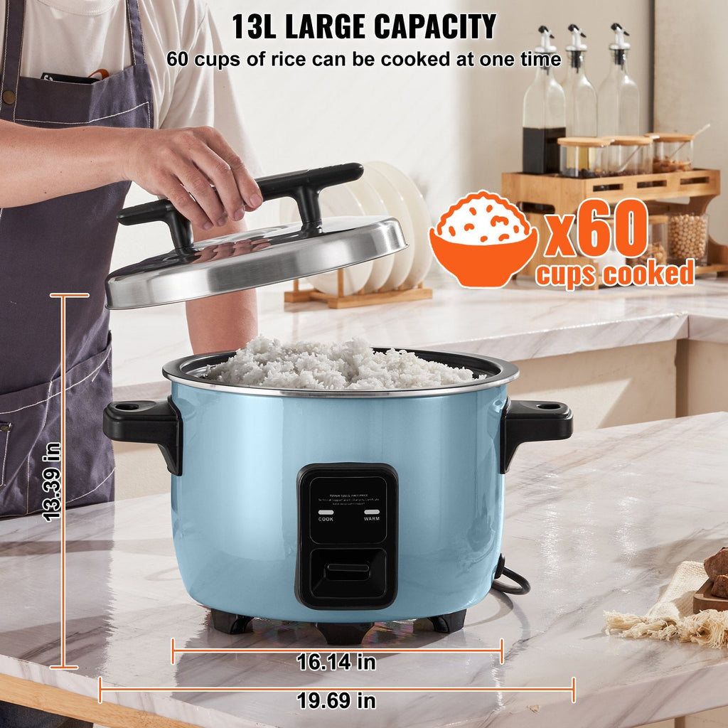Blue rice cooker with measurements and text indicating capacity and cooking quantity.