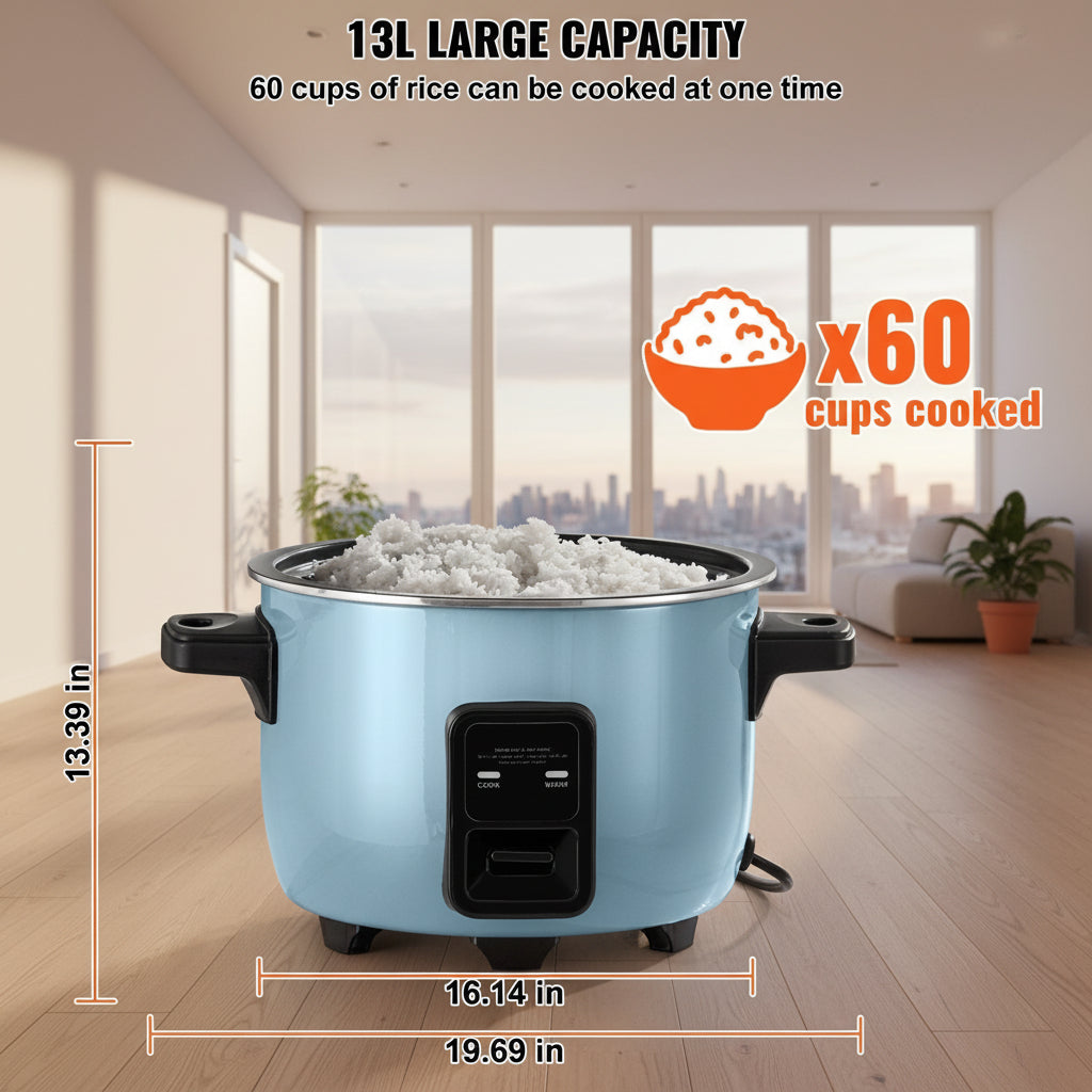 Blue rice cooker with measurements and text indicating capacity and cooking quantity.
