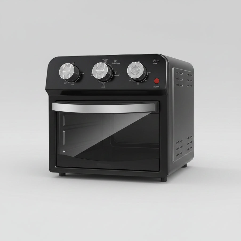 Black oven with food inside on a white background, featuring the brand 'Plum Chef'.