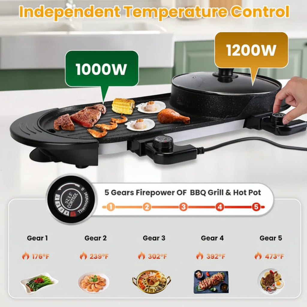 Electric BBQ grill with temperature control settings and cooking options on a kitchen counter.