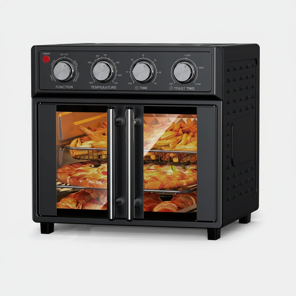 Black toaster oven with food inside on a white background