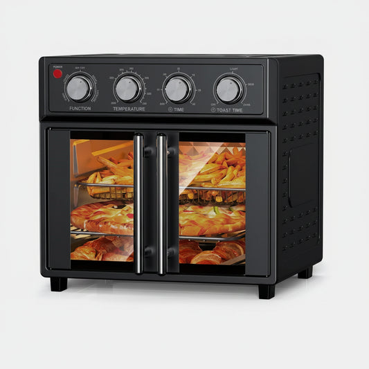 Black toaster oven with food inside on a white background