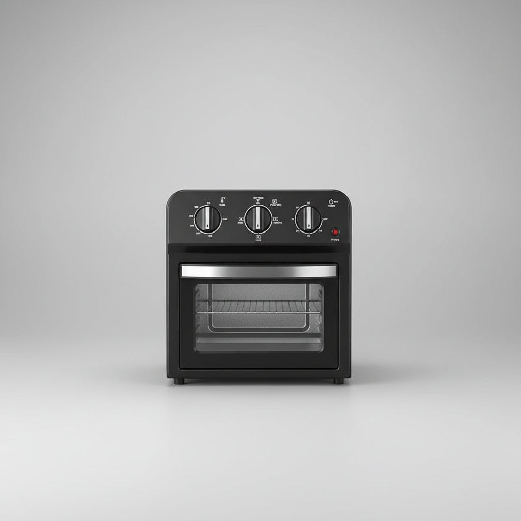 Oven with food items on a kitchen counter, highlighting cooking benefits.