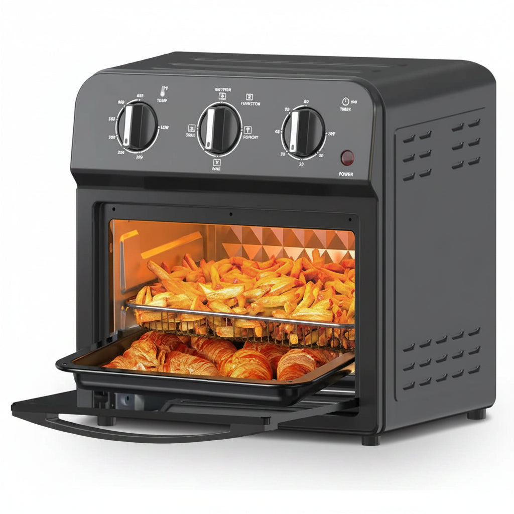 Black toaster oven with food inside on a white background