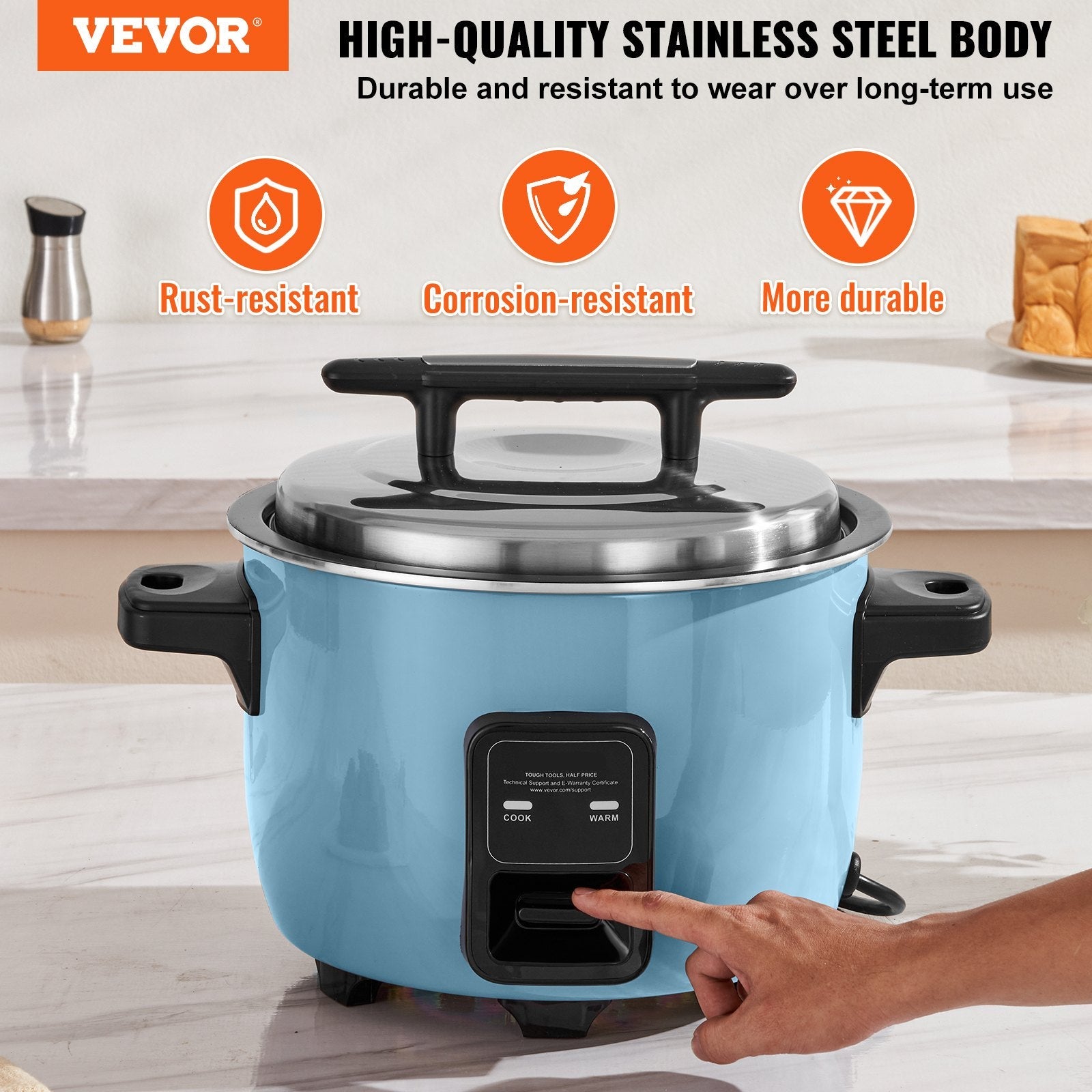 Blue rice cooker with Vevor branding on a kitchen counter, highlighting durability features.
