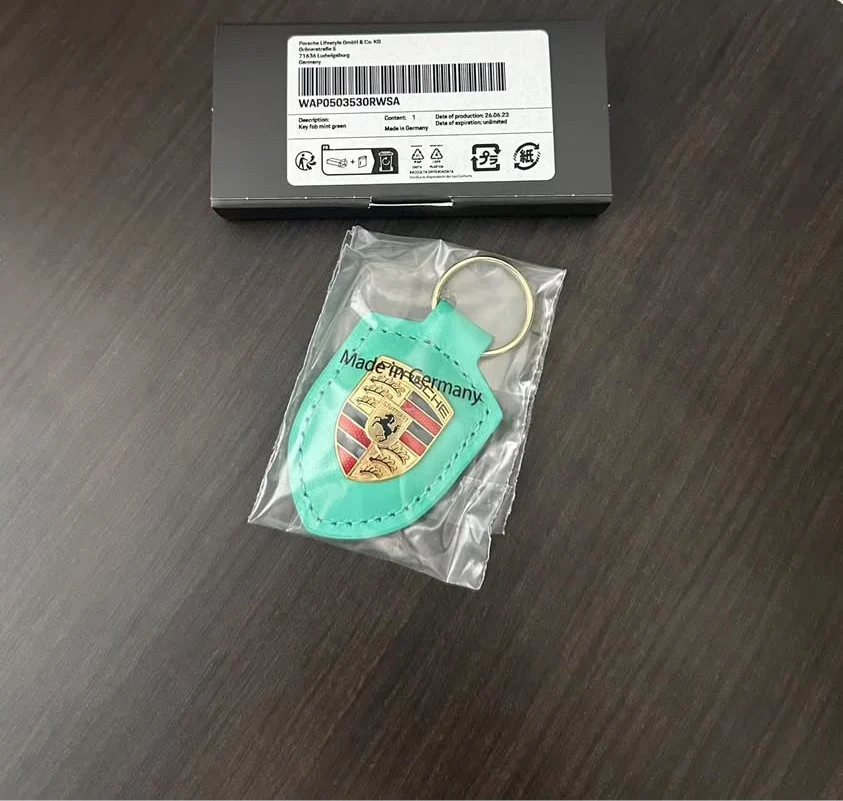 Porsche 75 Years Mint Green Leather Crest Keyring | WAP0503530RWSA