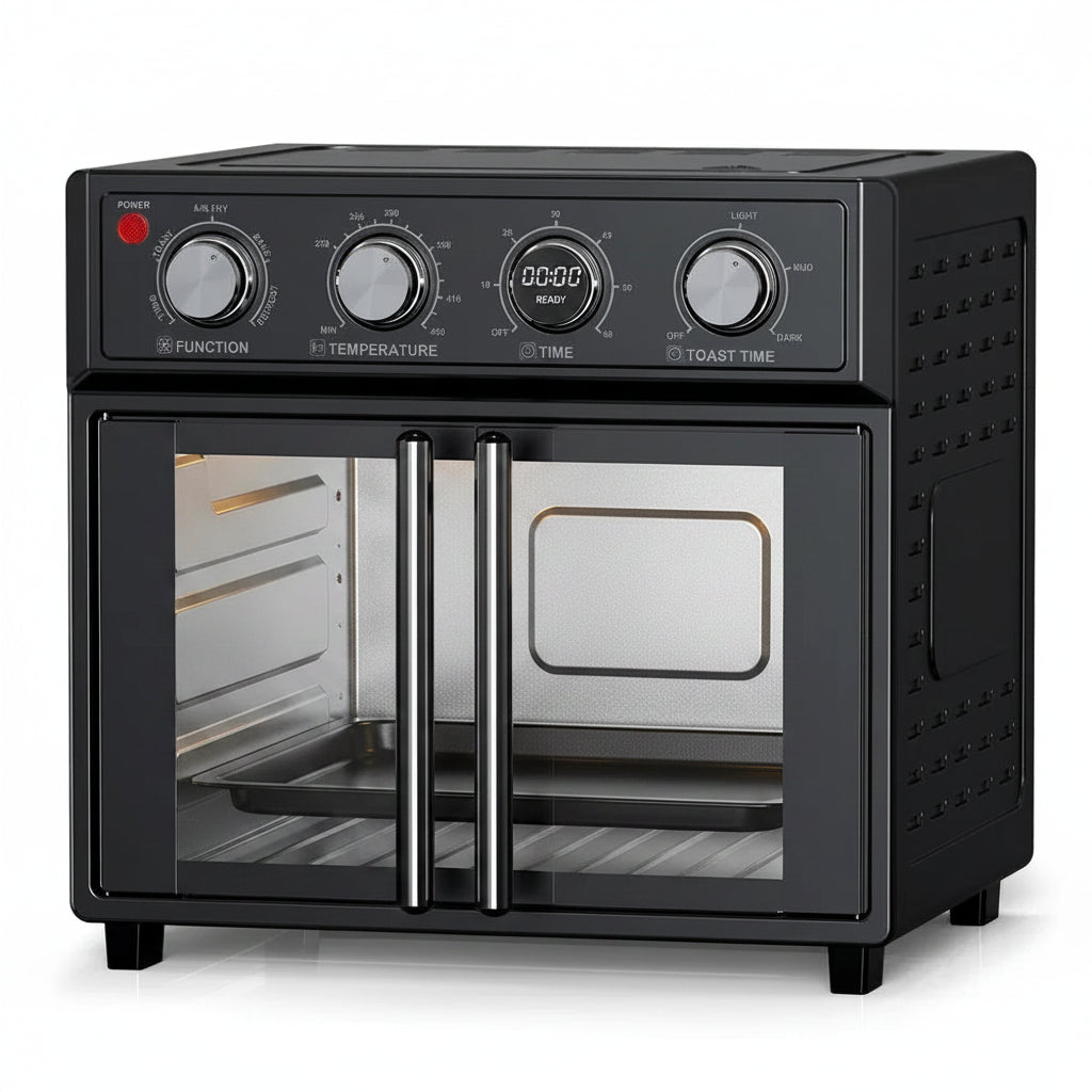 Black toaster oven with food inside on a white background