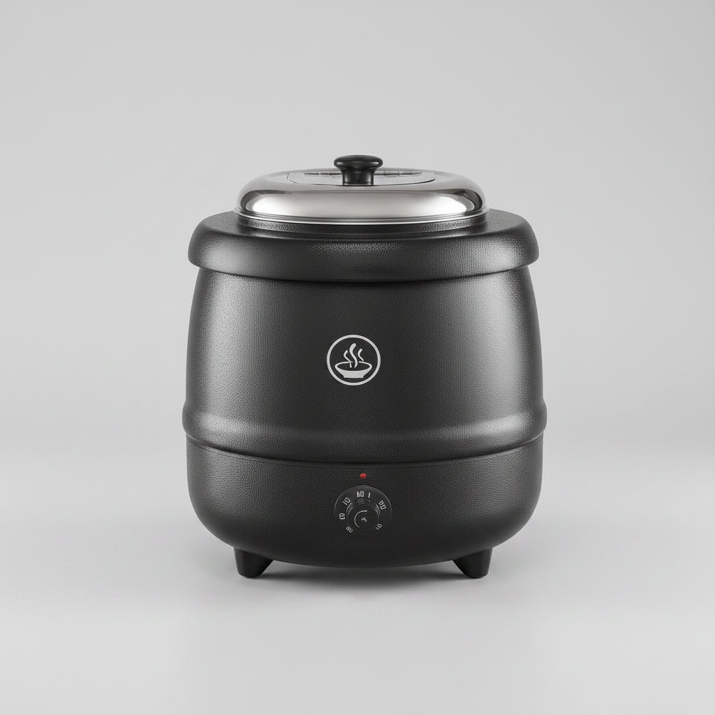 A black electric hot water boiler with a stainless steel lid, shown with a hand adjusting the temperature dial. The image includes text reading 'EASY TEMP CONTROL' and four small food preparation photos at the bottom.