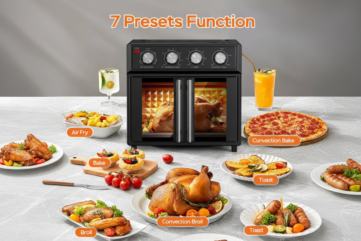Multifunctional oven with various food items displayed on a table, highlighting its preset functions.