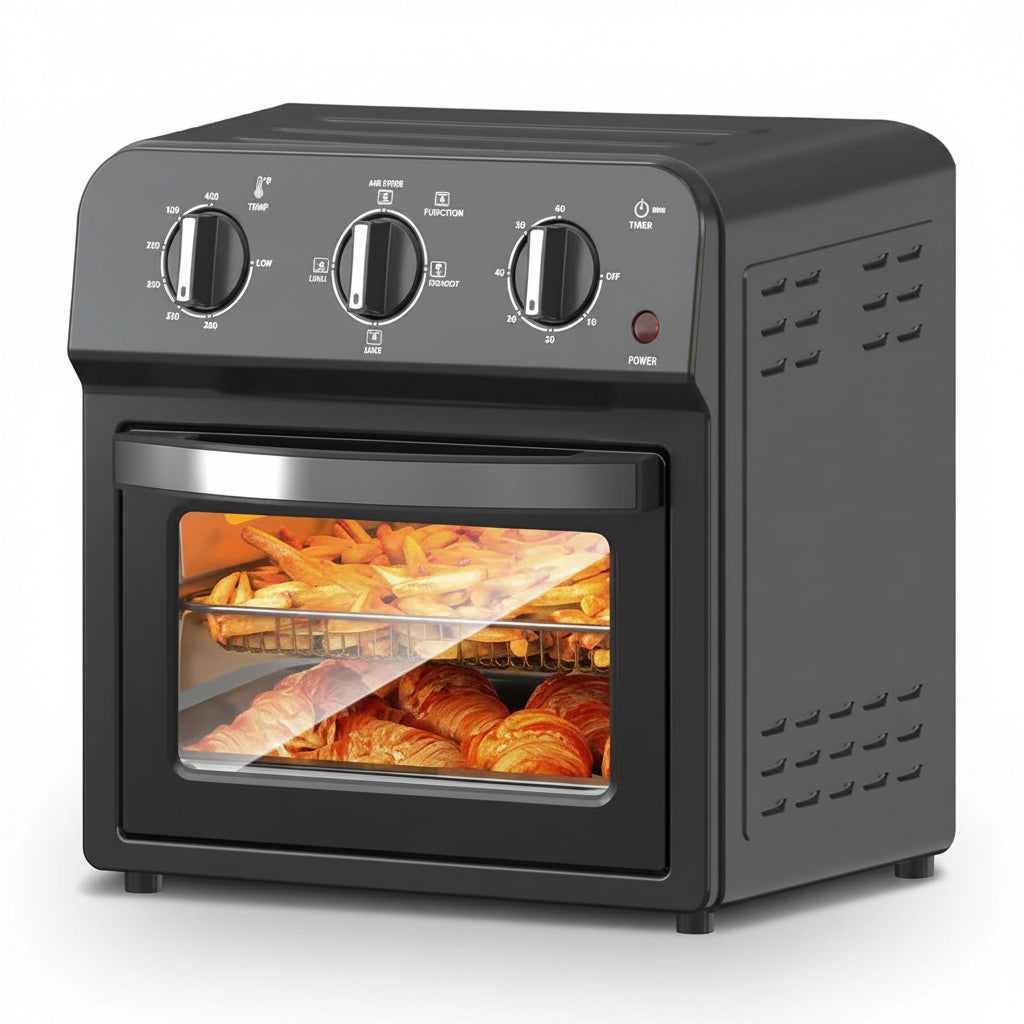 Black toaster oven with food inside on a white background