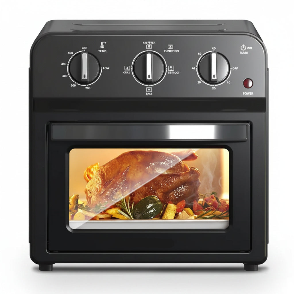 Black toaster oven with a roasted chicken inside on a white background