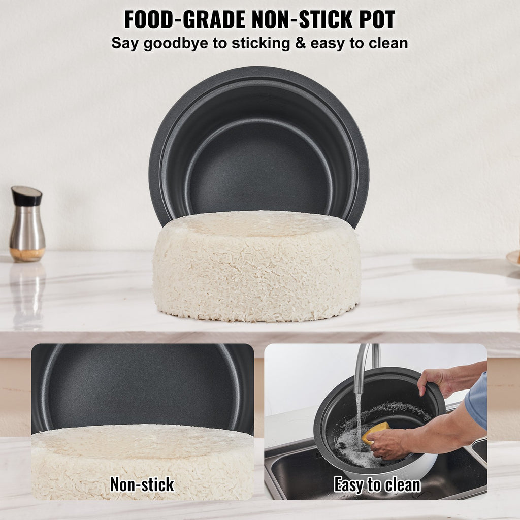 Food-grade non-stick pot with images showing its non-stick surface and ease of cleaning.