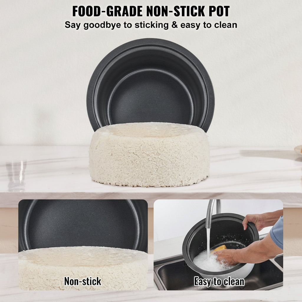 Food-grade non-stick pot with images showing its non-stick surface and ease of cleaning.