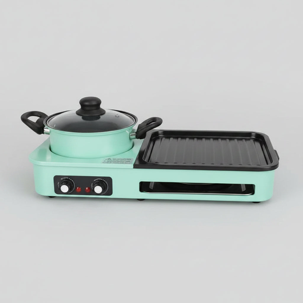 A compact electric multi-cooker with a mint green body, featuring a pot with a glass lid on the left and a grill plate on the right, set against a neutral gray background.