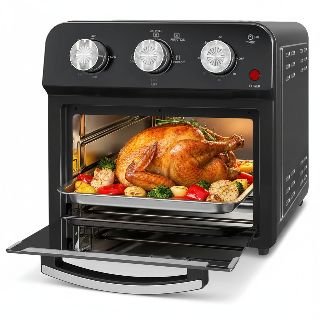 Black oven with a roasted turkey and vegetables inside on a white background
