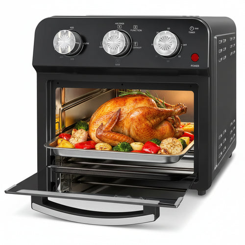 Black oven with a roasted turkey and vegetables inside on a white background