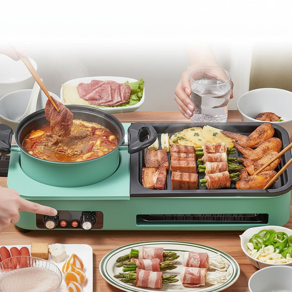 A dual-zone electric cooking grill with a mint green body, featuring a hot pot burner on the left and a grill/fry burner on the right. The image shows various foods cooking on the grill, with a hand pointing to the control knobs at the bottom left.