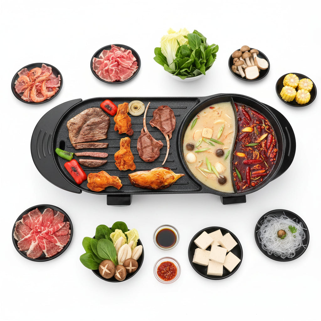 2-in-1 hot pot and grill cooker with food items on a white background