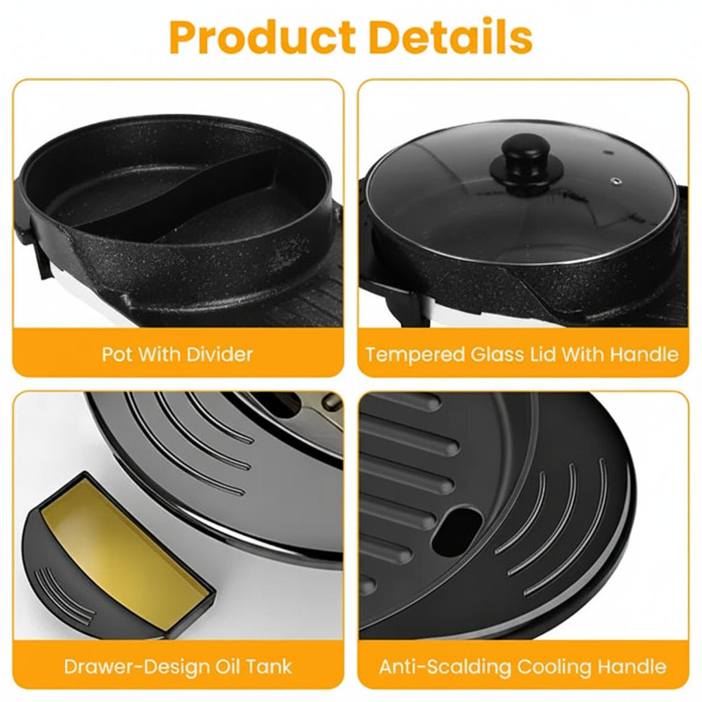 Product details of a black pot with features like a divider, glass lid, oil tank, and cooling handle.