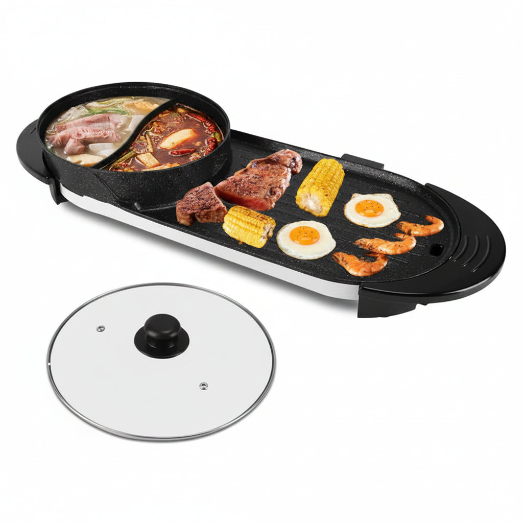 Electric grill with food on a white background
