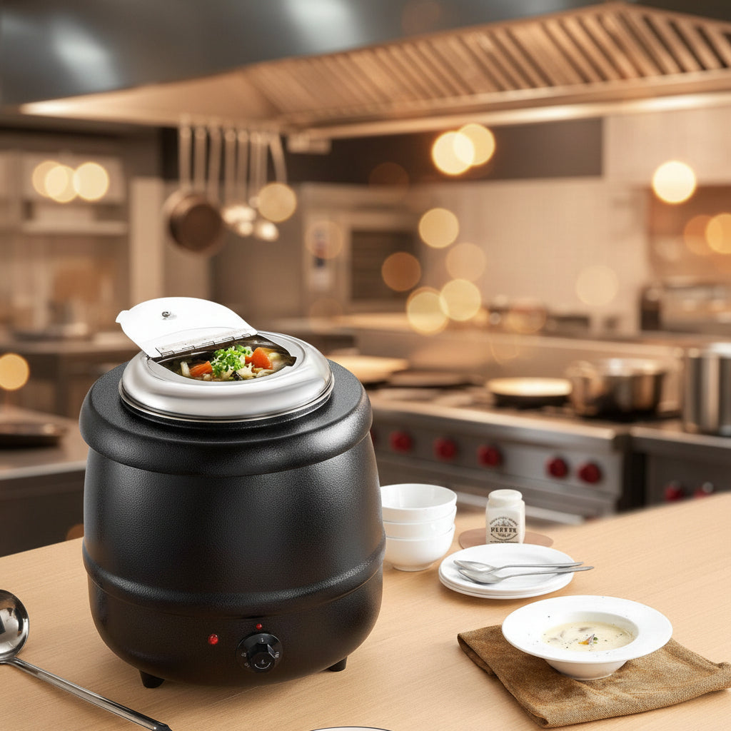 A black electric hot pot or rice cooker with a stainless steel lid sits on a light wood table, surrounded by food dishes, bowls, and plates in a kitchen setting.