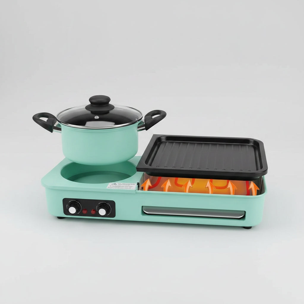 A mint green portable multi-cooker with a pot on the left burner and a rectangular grill plate on the right burner, set against a neutral gray studio background.