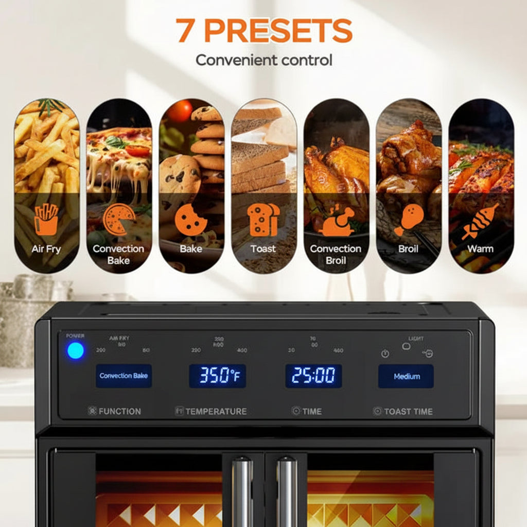 Black oven with digital display and control knobs, featuring 7 preset icons above it.
