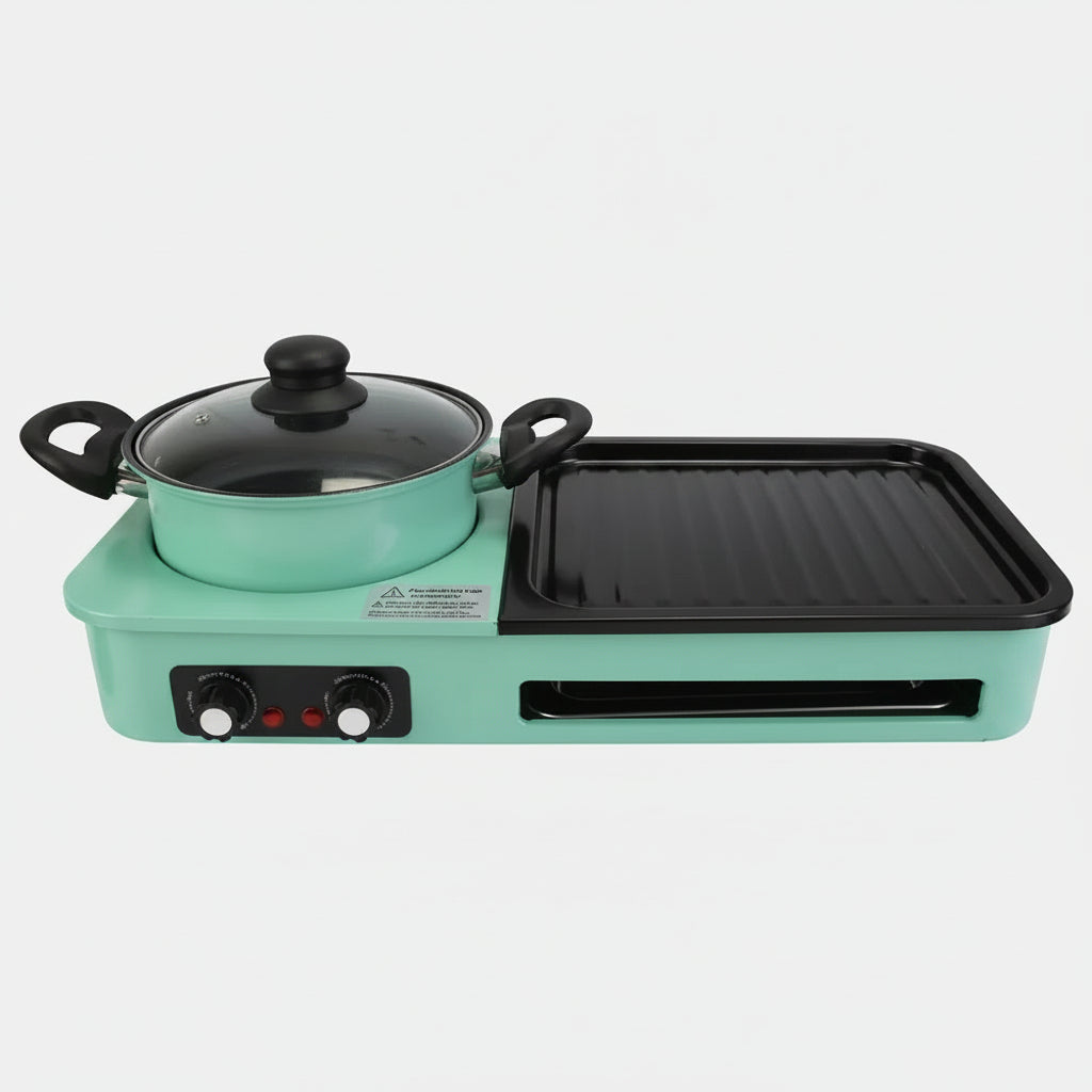 A retro-style mint green electric multi-cooker with a pot on the left and a grill plate on the right, set against a plain white background.