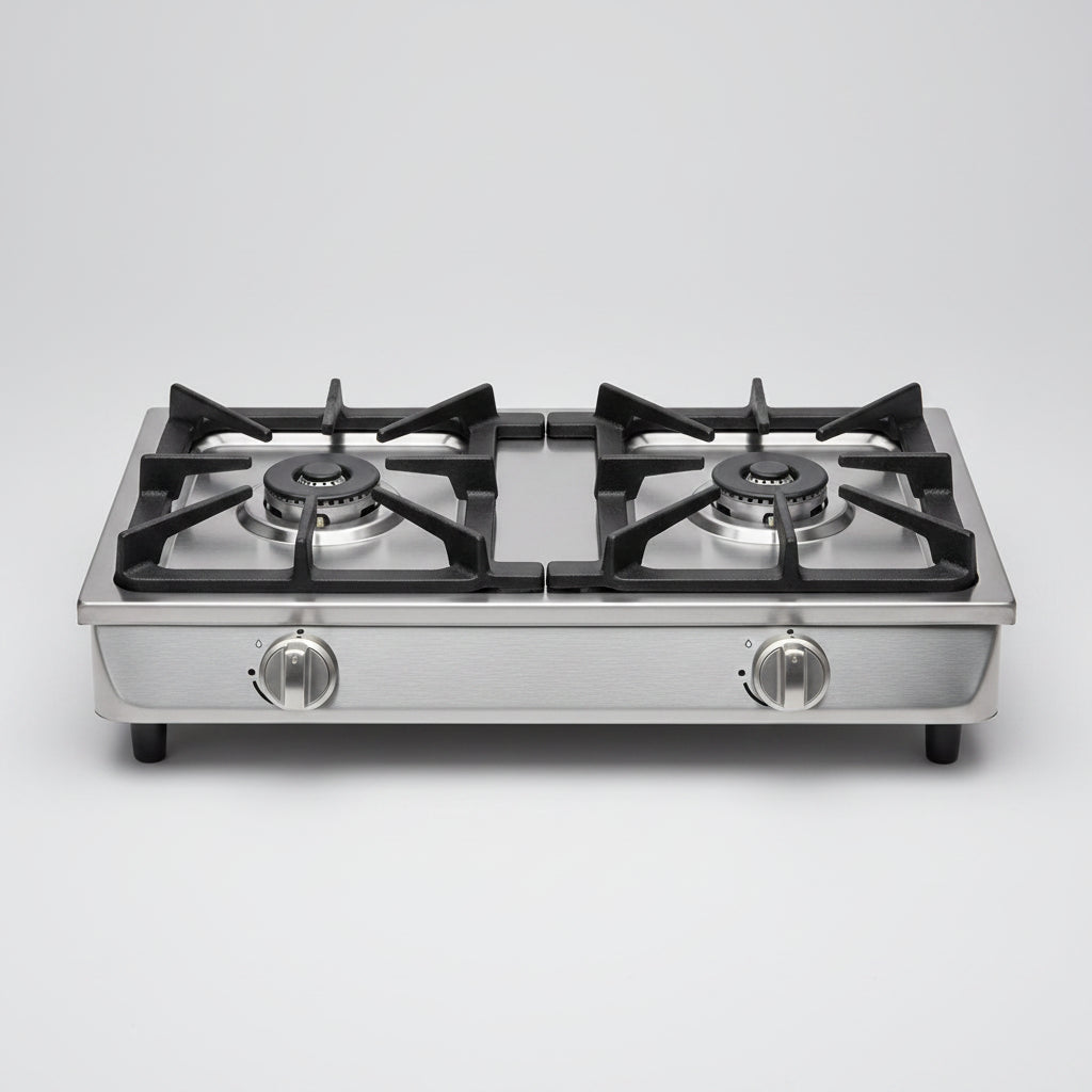Stainless steel gas cooktop with labeled features on a white background
