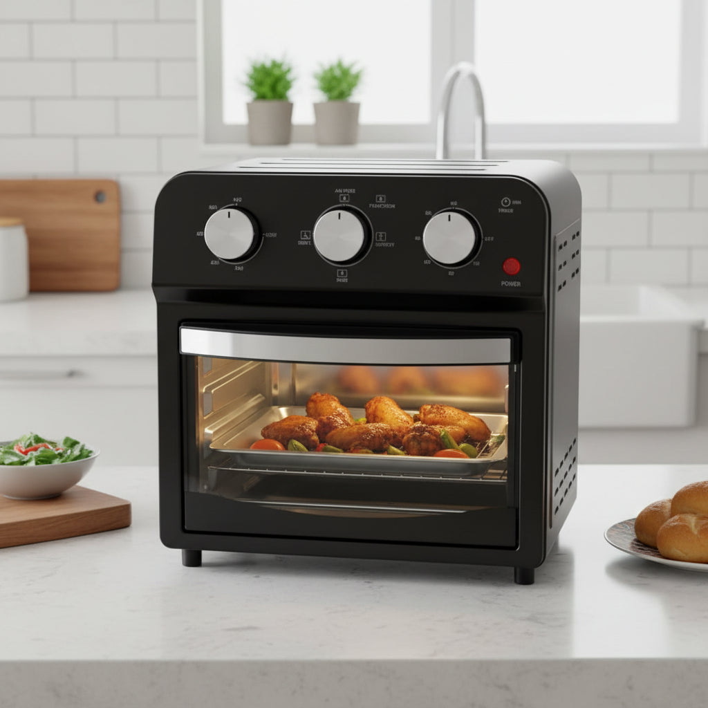 Black toaster oven with food inside on a kitchen counter
