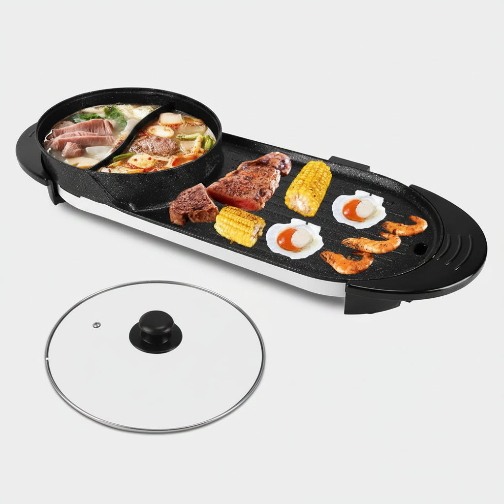 Electric grill with food on a white background