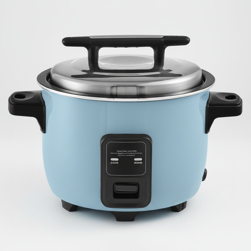 Blue rice cooker with black handle and control panel on a white background