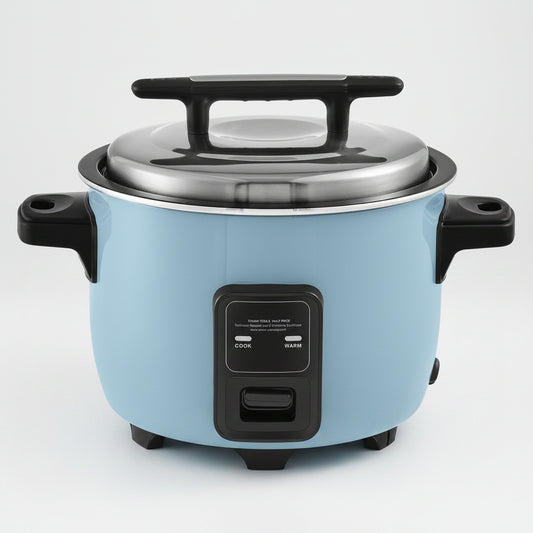 Blue rice cooker with black handle and control panel on a white background