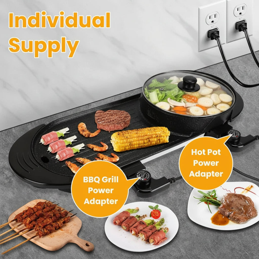 Multifunctional cooking appliance with BBQ grill, hot pot, and power adapter on a kitchen counter.