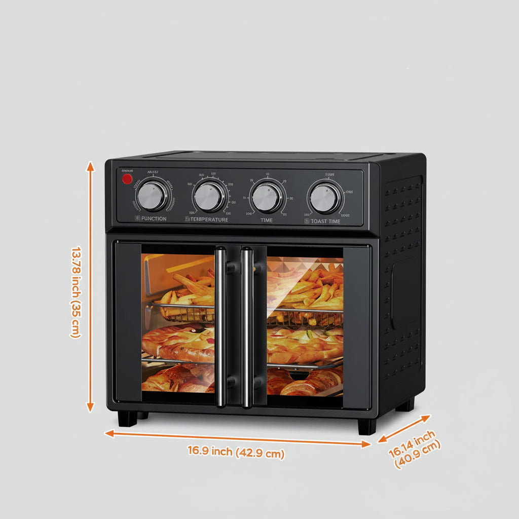 Black countertop oven with food inside, shown on a wooden surface with a neutral background.