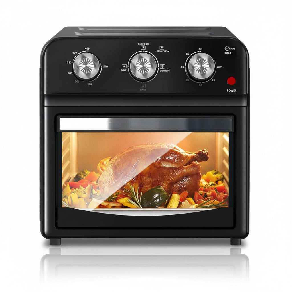 Black plum chef oven with food inside on a white background