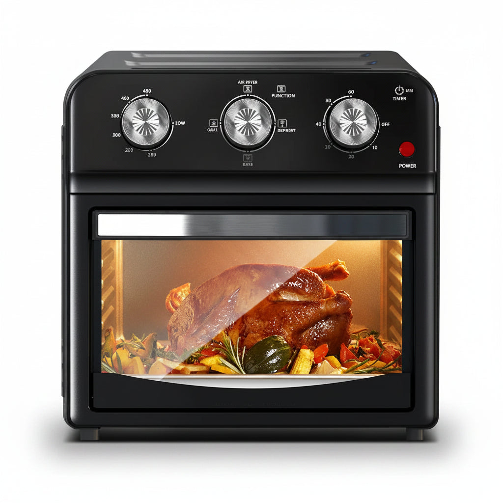 Black plum chef oven with food inside on a white background
