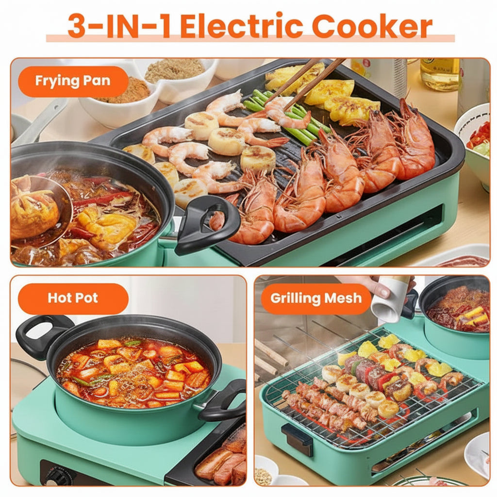 A 3-in-1 electric cooker shown in a collage with three usage panels: frying pan, hot pot, and grilling mesh. The cooker body is mint green with black trays and handles, and food items like shrimp, skewers, and a spicy stew are shown cooking on top.