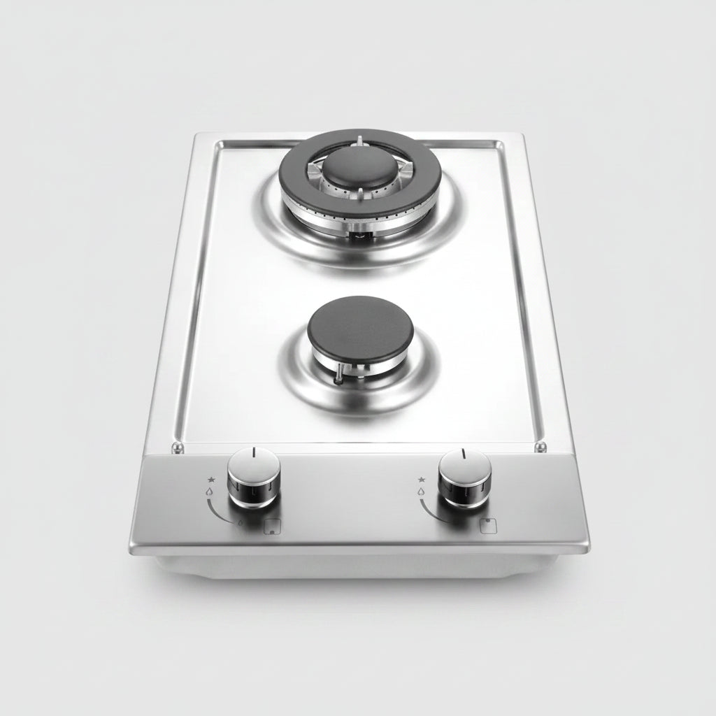 Stainless steel gas stove with two burners on a white background