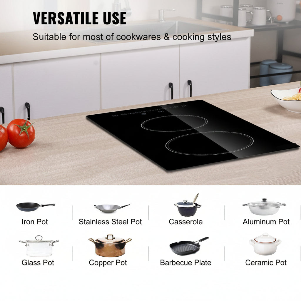 Induction cooktop on a kitchen counter with various pots and pans shown below.