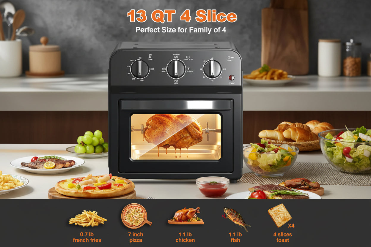 Black toaster oven with food items displayed around it on a kitchen counter.