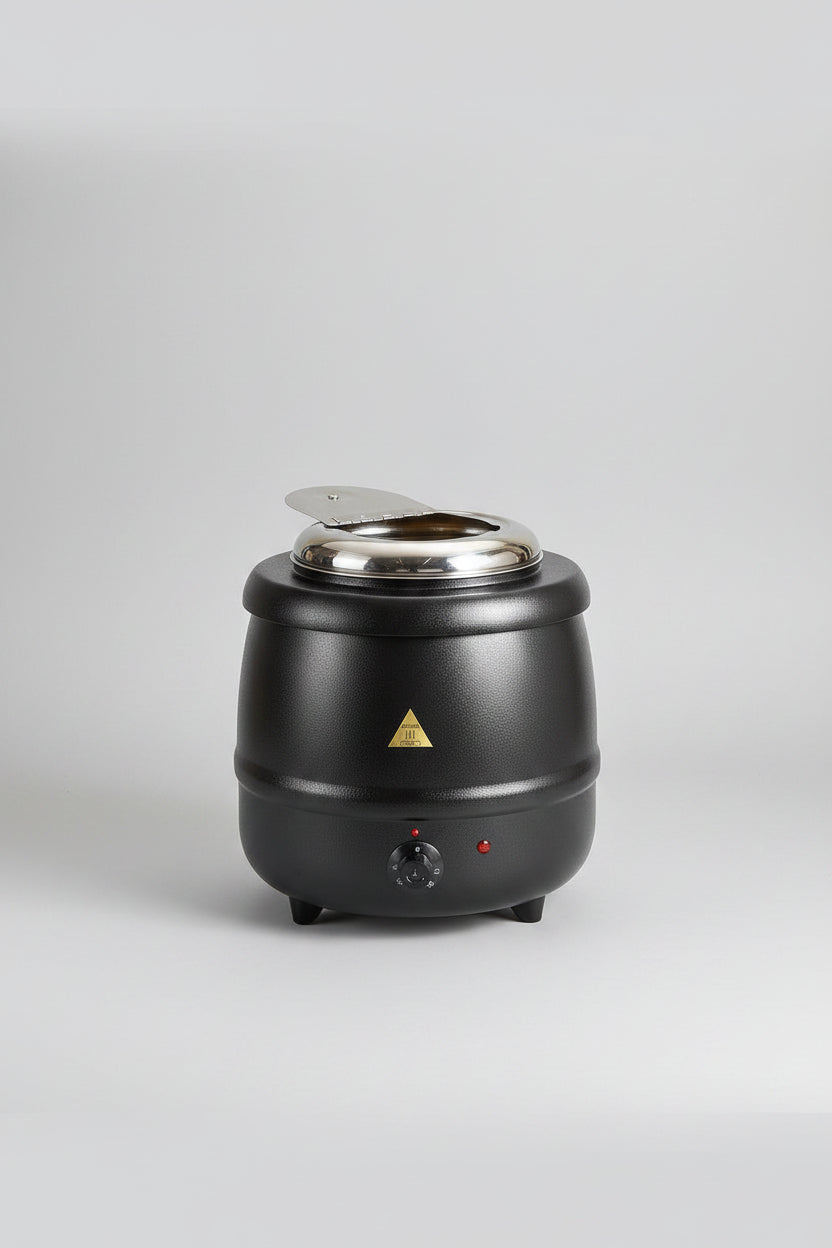 Velvok hot pot with people serving food, text 'Enjoy a Pot of Delicious Food with Your Family' and '10.5 QT Large Capacity'.