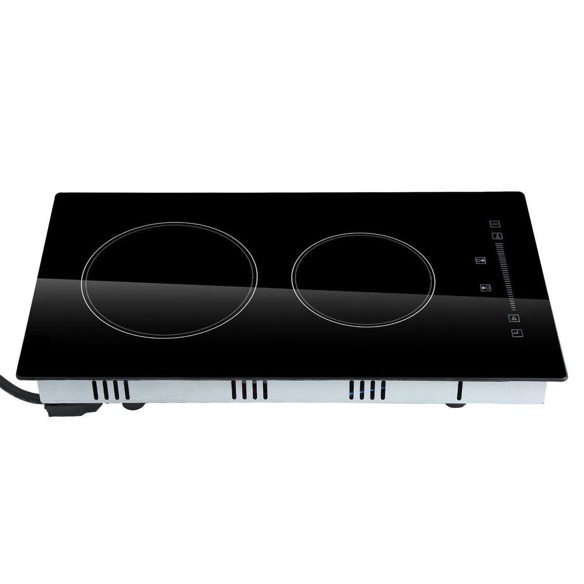 Black induction cooktop with two heating elements on a white background
